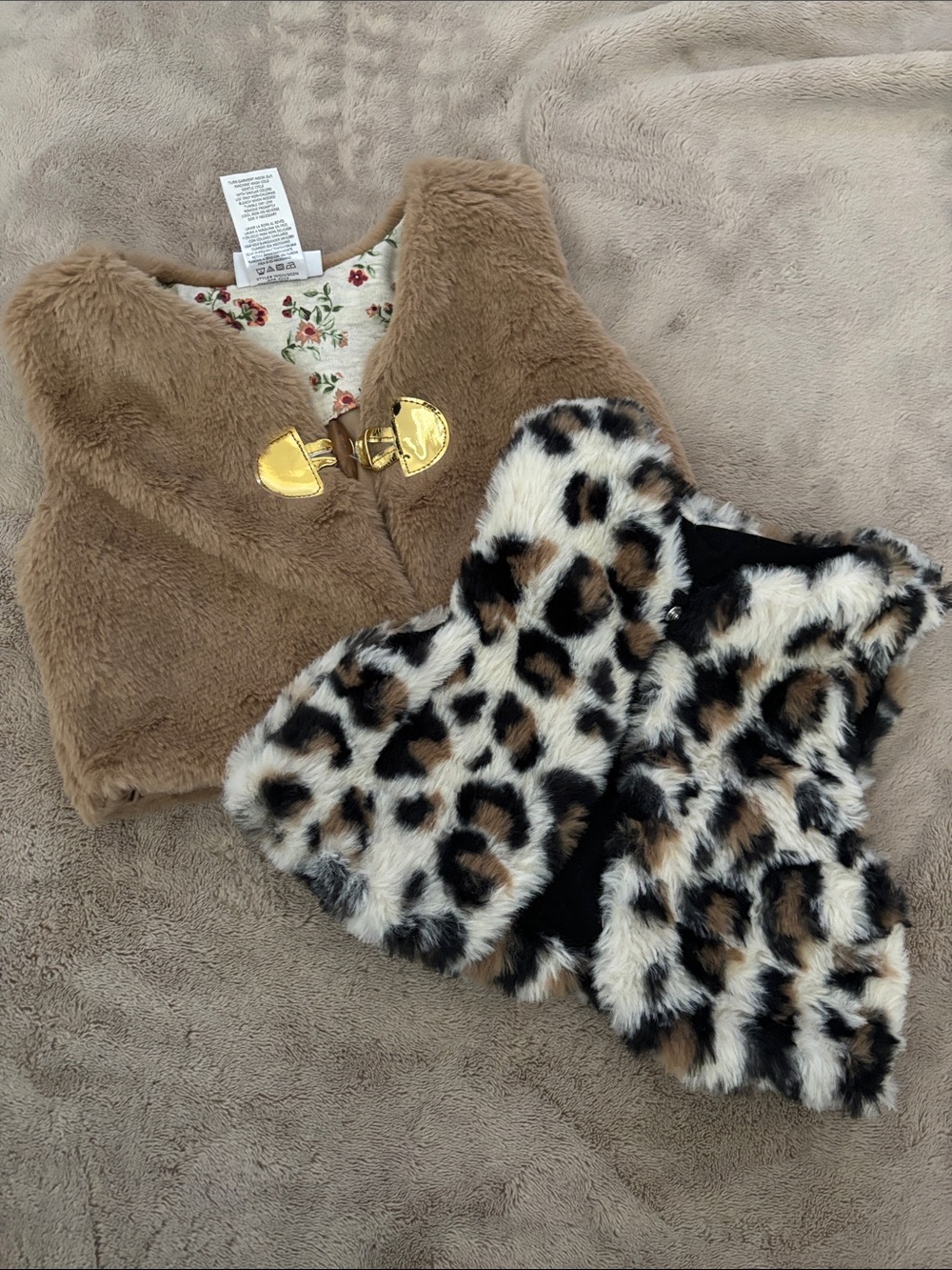 Faux Fur Girls Vest Duo - Tan and Leopard Print